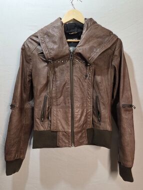Danier Sz Small Brown Leather Studded Bomber Style Jacket With Wide Hood